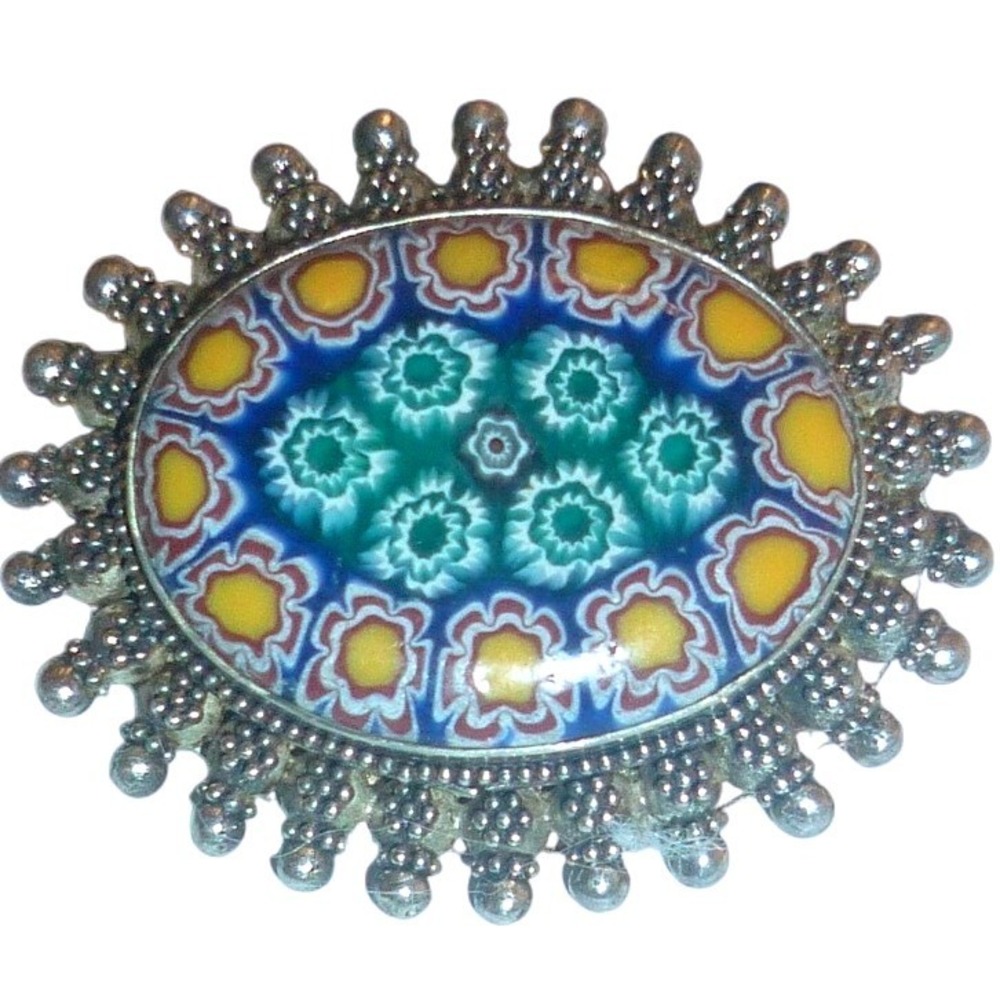 Unbranded Brooch Sterling Silver Millefiori Glass Mosaic Floral Italian 925 Blue